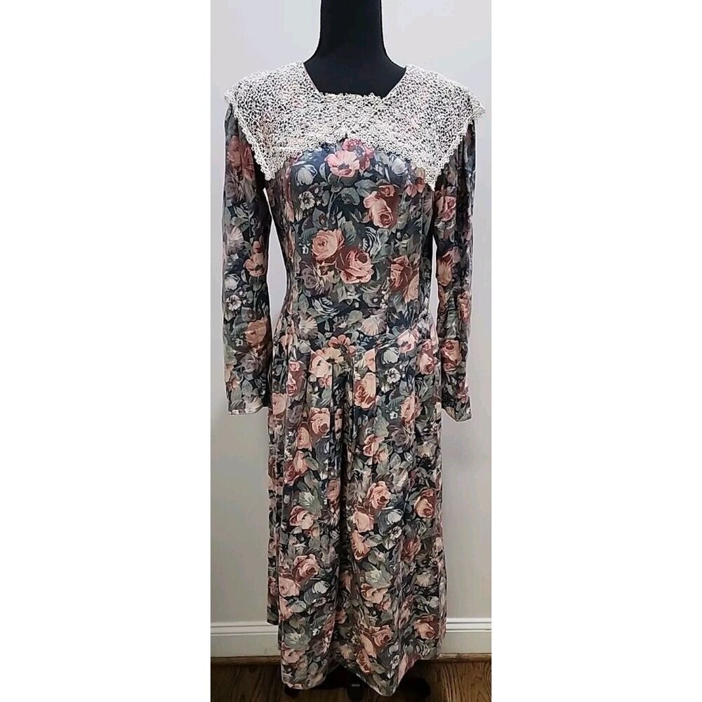 VTG LAURA ASHLEY UK-MADE FLORAL Wool DRESS LACE COLLAR Cottage Core Size 12